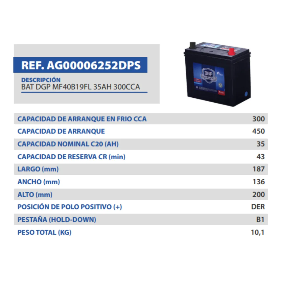 Bateria DGP MF40B19FL 35AH 300CCA-BR HYUNDAI ATOS, EON, GRAND I10, I10, SANTRO, (KIA PICANTO APLICA PARA TODOS LOS MODELOS)